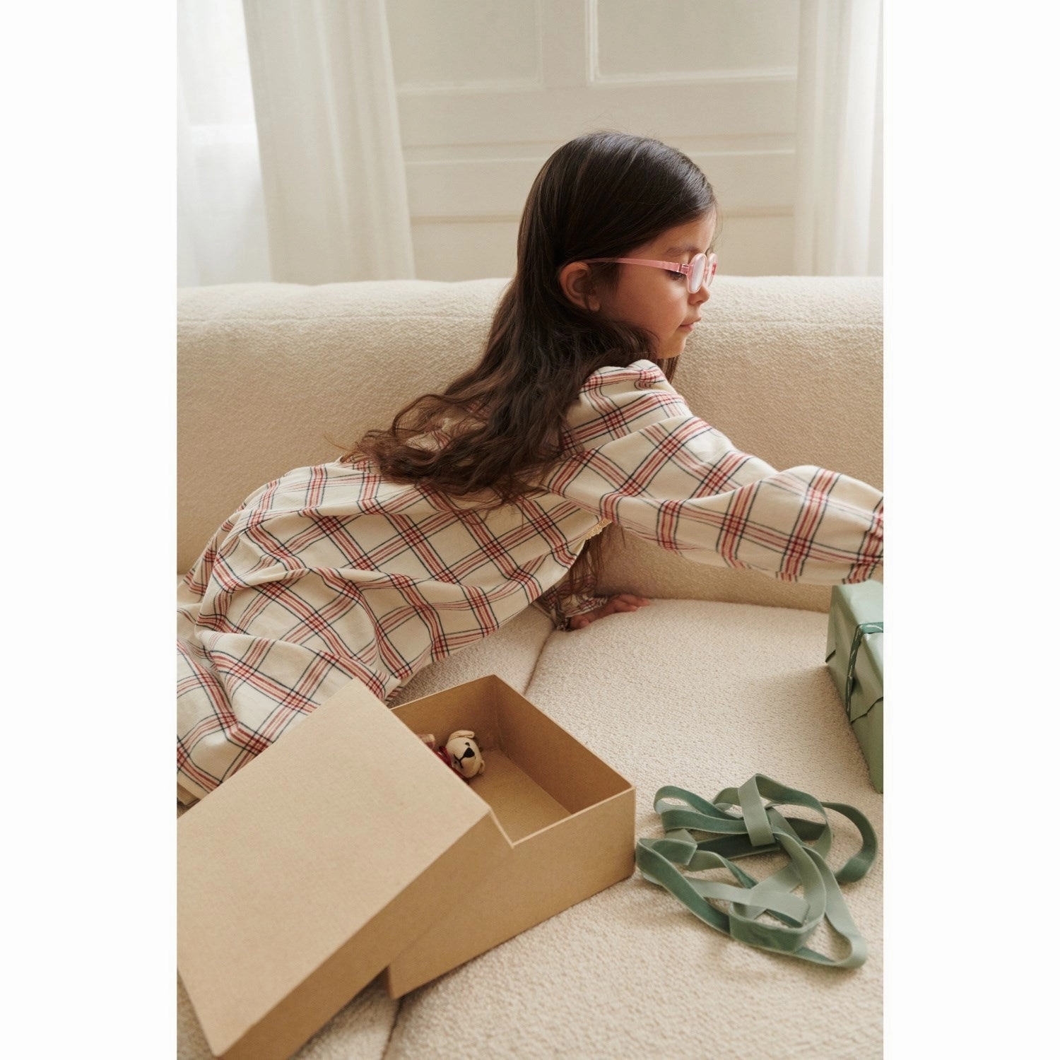 Wheat Eggshell Check Nightgown Gudrun Multi Pocket Design Adjustable Cuff Openings